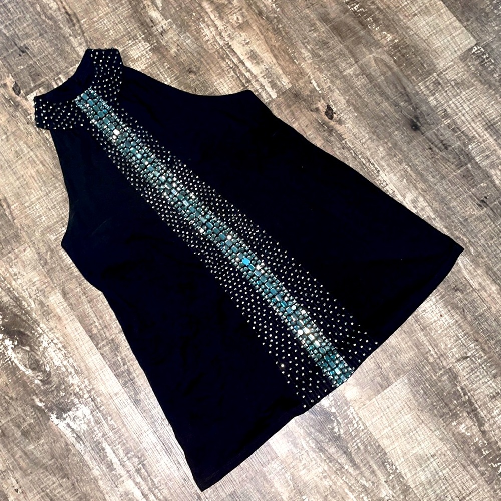 INC International Concepts Black Tank Top with Teal Gem Stripe